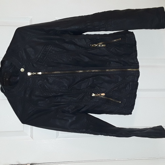 Faux Leather dark Navy Moto Jacket Bought in Italy - Quality! Vegan Gold zip S - Picture 10 of 15